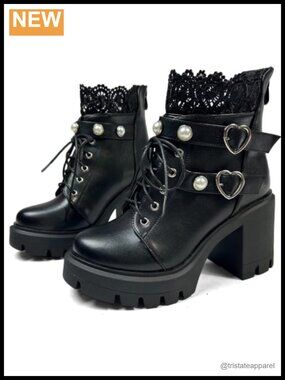 Platform Combat Boots Women Bat Chunky High Heel Ankle Boot Gothic PU